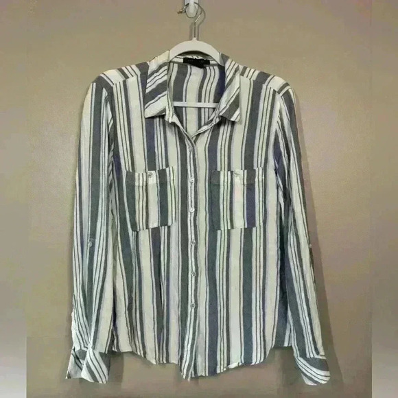 Sanctuary Tops - Sanctuary Tomboy striped blue white button down long sleeve shirt size large